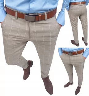 ﻿Spodnie męskie eleganckie beżowe w kratkę - 34 - Spodnie męskie - miniaturka - grafika 1