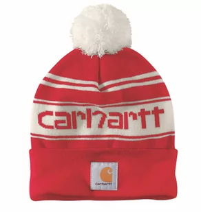 Czapka zimowa z pomponem Carhartt Knit Pom-Pom Cuffed Logo Beanie Red Winter White - Czapki damskie - miniaturka - grafika 1