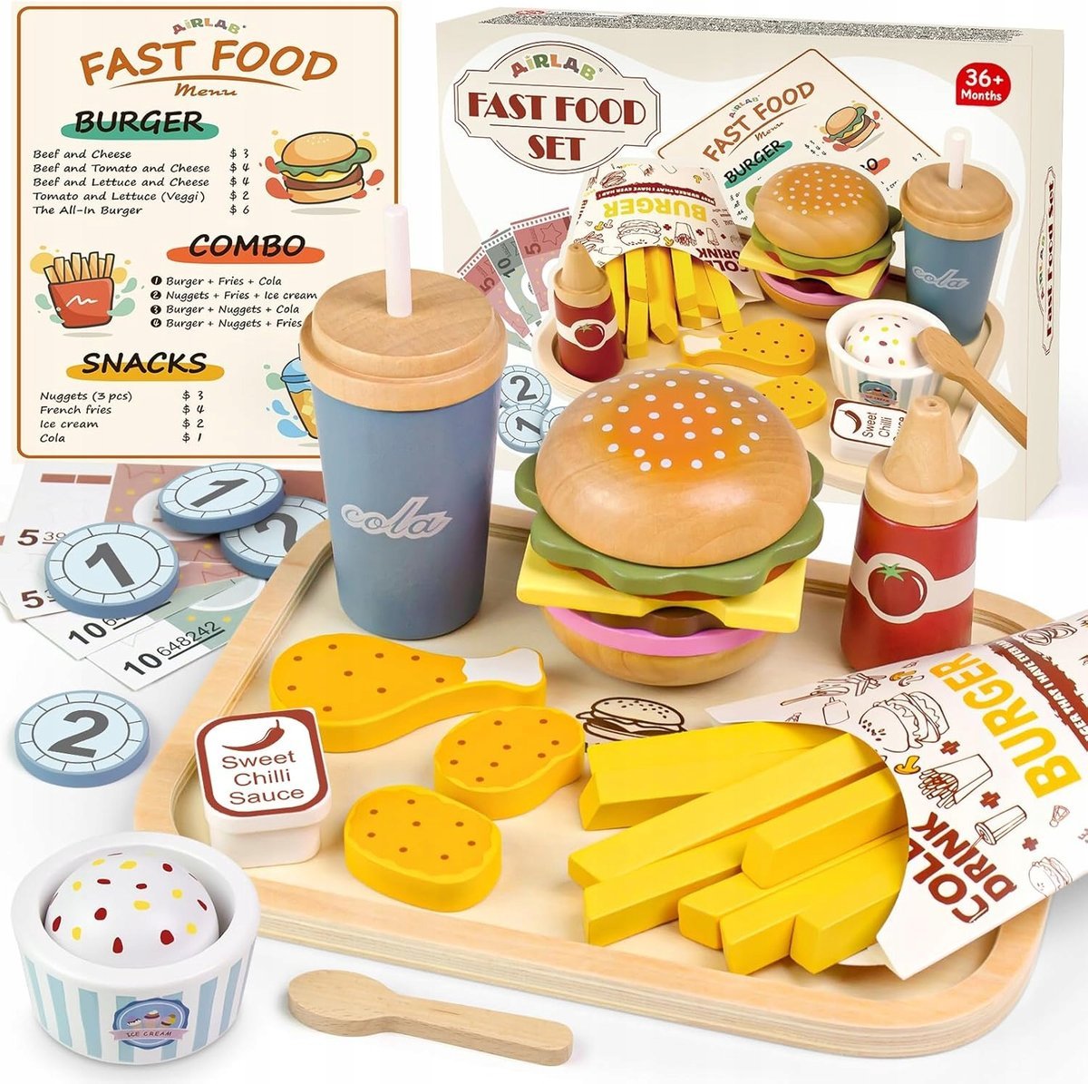 DREWNIANA ZABAWKA DLA DZIECI ZESTAW HAMBURGEROWY FAST FOOD DREWNIANY