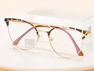 Damskie okulary Kocie Oczy zerówki do komputera BLUE LIGHT na teleskopach 25110A Panterka/Złoty - Okulary korekcyjne, oprawki, szkła - miniaturka - grafika 1