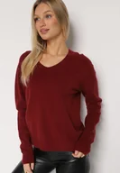 Swetry damskie - Bordowy Sweter z Wiskozą i Wełną z Dekoltem w Serek Claida - miniaturka - grafika 1