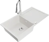 Zlewozmywaki z baterią - Mexen Leo zlewozmywak granitowy 1-komorowy z ociekaczem i baterią kuchenną Elia, biały - 6501-20-670101-00 - miniaturka - grafika 1