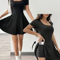 Sukienki - TEMU Sukienka Casual z Krótkim Rękawem, Wygodna do Domu, Rozmiar S, Damska, Podwójna Spódnica z Wbudowanymi Spodniami, Kieszeń na Telefon - miniaturka - grafika 1