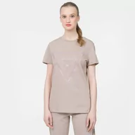 Koszulki sportowe damskie - Damski t-shirt z nadrukiem GUESS ADELE SS CN TEE - brązowy - miniaturka - grafika 1