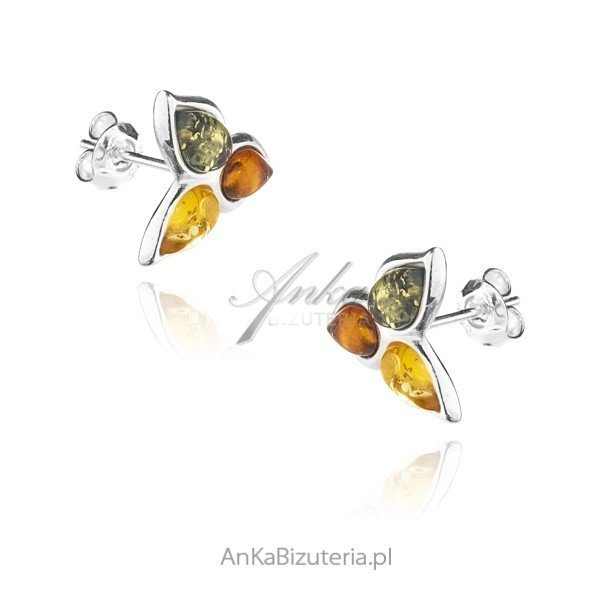 ankabizuteria.pl Kolczyki srebrne z kolorowym bursztynem KWIAT