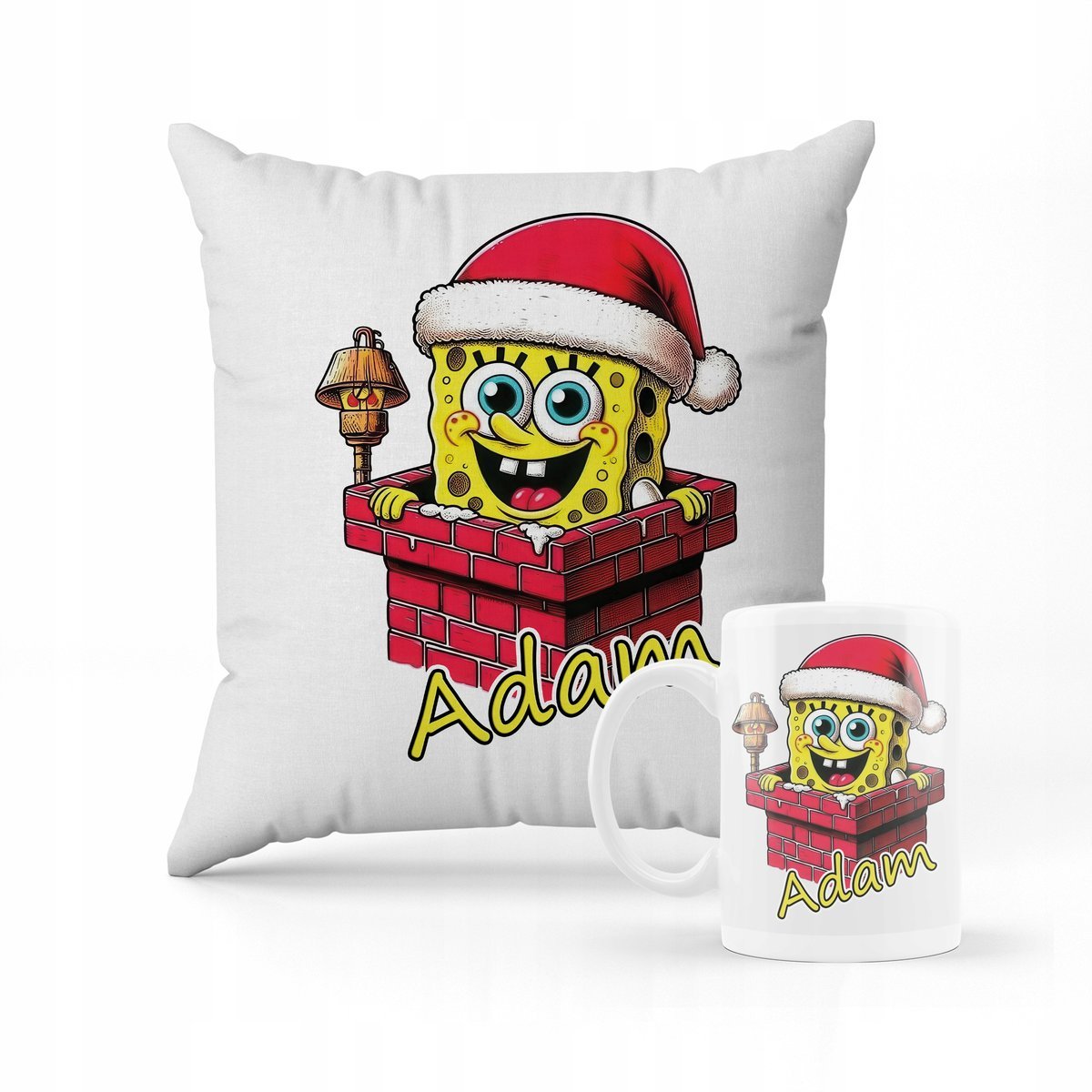 ZESTAW PODUSZKA + KUBEK Spongebob święta + IMIĘ
