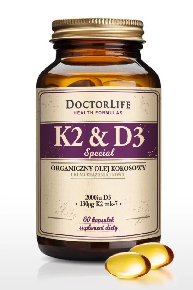Doctor Life Doctor Life K2 & D3 organiczny olej kokosowy 130ug K2 mk-7 & 2000iu D3 suplement diety 60 kapsułek