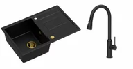 Zlewozmywaki z baterią - Quadron Zlewozmywak granitowy jednokomorowy 78*50*22 cm z ociekaczem MORGAN 111 PURE CARBON czarny ze złotym odpływem z baterią JESSICA Q LINE PURE CARBON z wyciąganą wylewką i funkcją prysznica kolor czarny - miniaturka - grafika 1