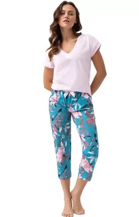 Piżamy damskie - Bawełniana piżama damska w kwiaty 637, Kolor turkusowo-różowy, Rozmiar M, Luna - Intymna - grafika 1