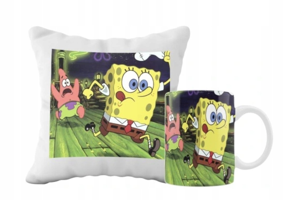 ZESTAW PODUSZKA + KUBEK Prezent SPONGEBOB PATRYK BAJKA + IMIĘ 2
