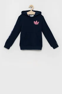 Bluzy damskie - Adidas Originals Originals Bluza dziecięca kolor granatowy z kapturem z nadrukiem - grafika 1