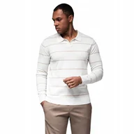 Koszulki męskie - Longsleeve polo męski w paski z wiskozą biało-beżowy OM-POLS-0146 V4 r. L - miniaturka - grafika 1