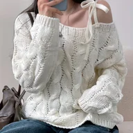 Swetry damskie - TEMU Damska bluzka z długim rękawem na sznurówkę z odkrytymi ramionami, z francuską, słodką i młodzieżową, retro konstrukcją kabli, luźny i - miniaturka - grafika 1