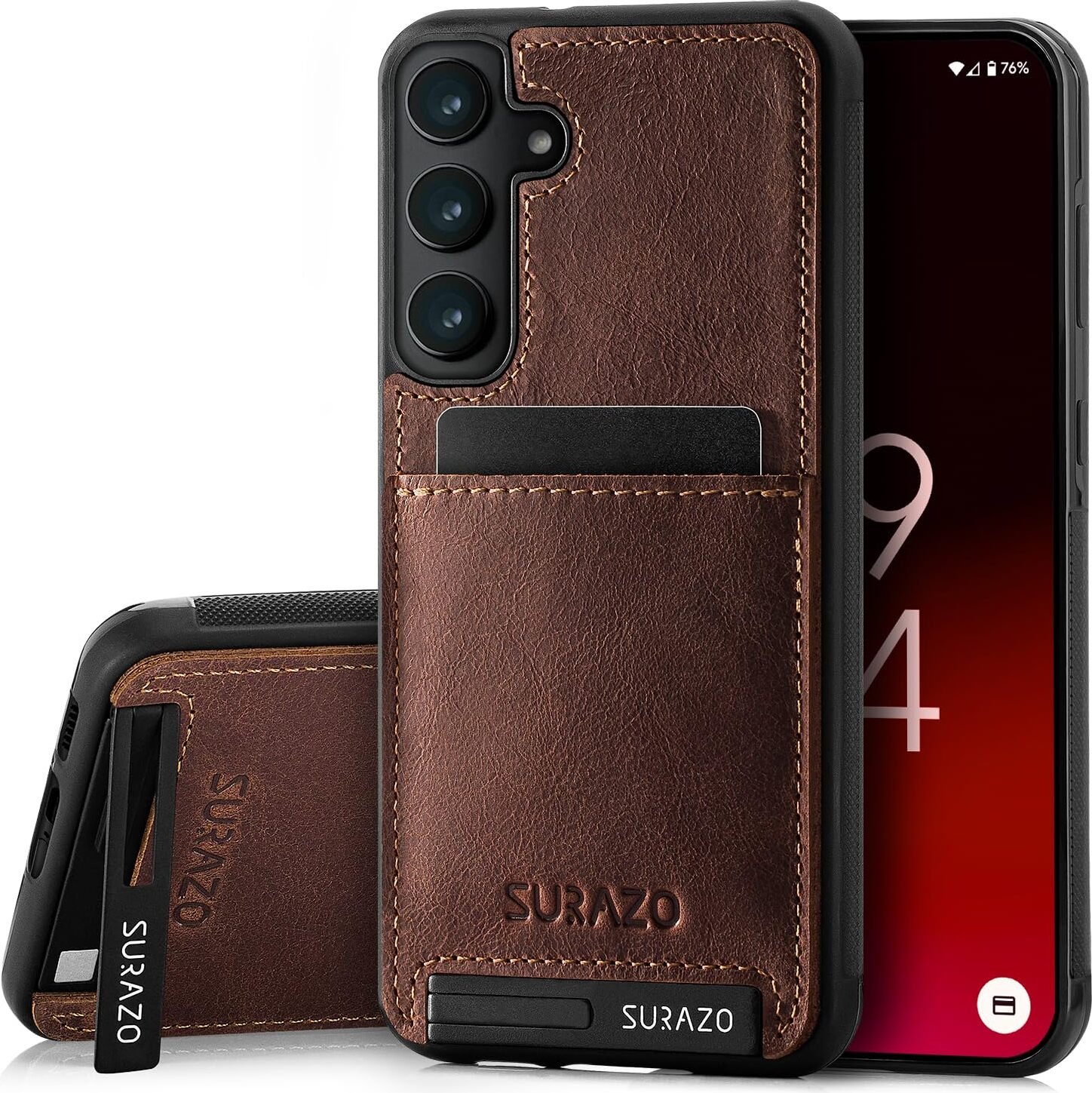 SURAZO Premium Leather Back dla Samsung Galaxy S24 Plus Case - odporne na wstrząsy skórzane etui na telefon komórkowy z funkcją podstawki, zderzak ochronny, orzech brązowy