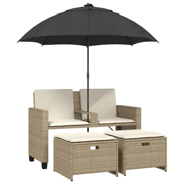 Zestaw Meblowy Ogrodowy z Parasolem, Rattan PE, 120x61x80 cm, Beżowy/Czarn