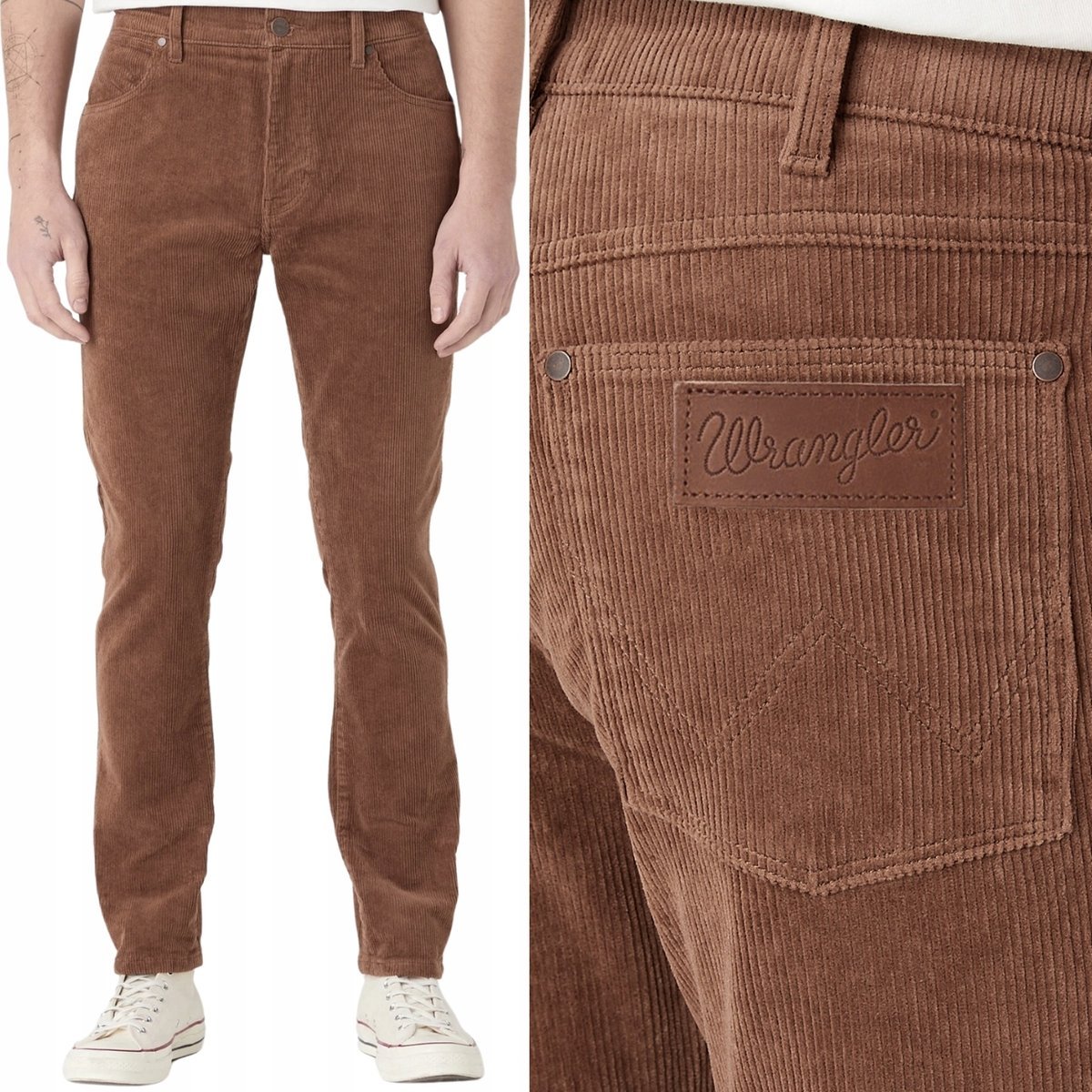 Wrangler LARSTON slim Bison dopasowane brązowe spodnie sztruksy W32 L32