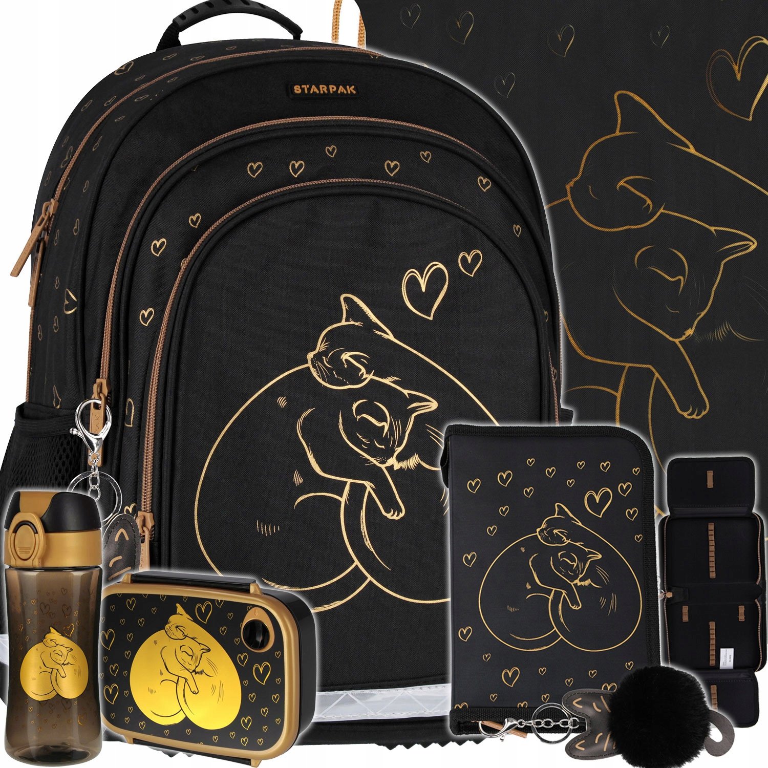 Plecak Tornister Szkolny Dla Dziewczynki Czarny Złoty Z Kotkiem W Serduszka