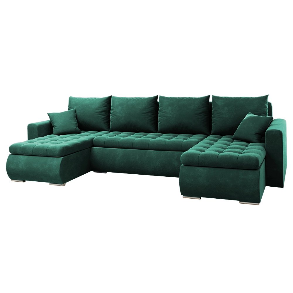 Narożnik Luis, narożnik U-kształt, sofa, kanapa, z funkcją spania, pojemnik na pościel, dekoracyjne pikowanie, meble tapicerowane, Riviera 38, zielony