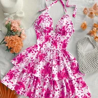 Sukienki - TEMU Damska sukienka z kwiatami i falbanką - Różowa i biała wodnopalowa druk na róże, zawiązana na rękaw, bez rękawów, letnia sukienka na plażę, na - miniaturka - grafika 1