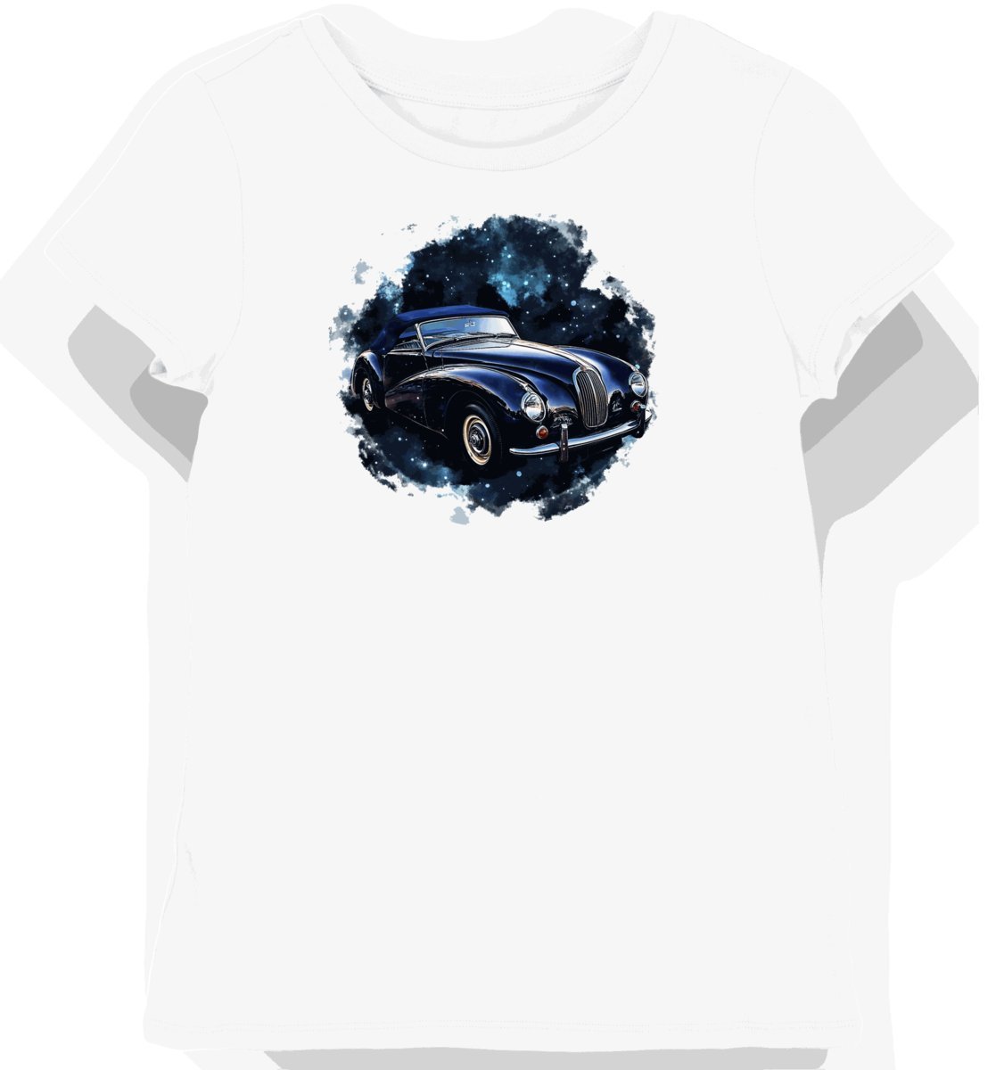 Koszulka damska biała z nadrukiem klasycznego niebieskiego kabrioletu XS