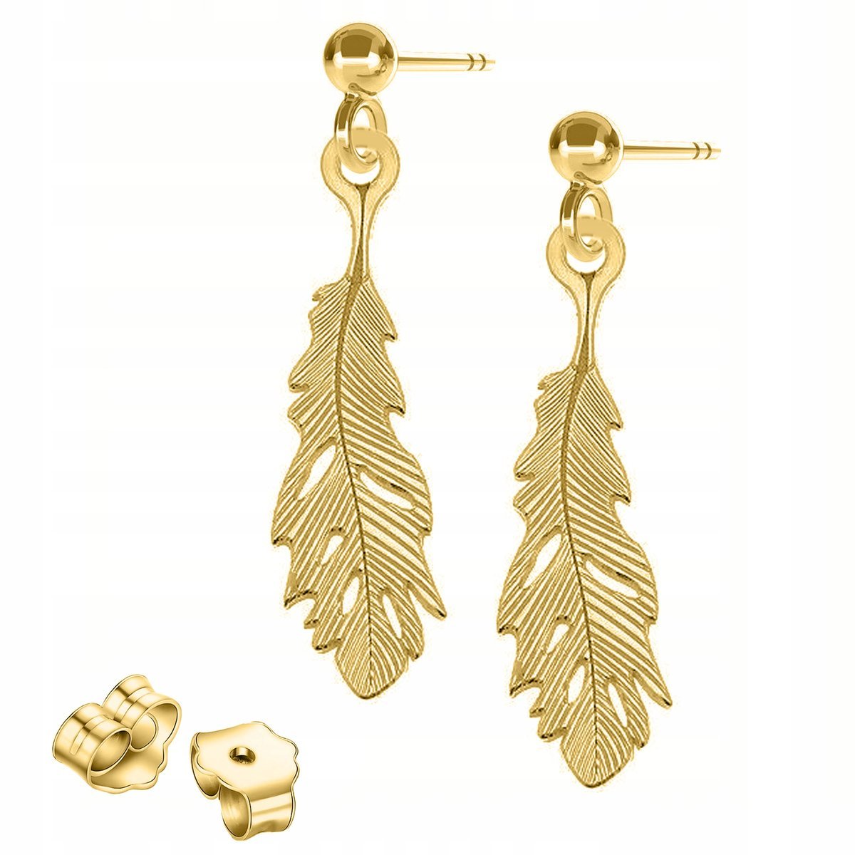 Złote Kolczyki Ozdobne Pióra Piórka Wkrętki z Piórkami SREBRO 925