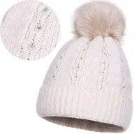 Czapki damskie - Czapka Zimowa Damska Ocieplana Z Pomponem Ozdobne Dżety Beż Beżowy - miniaturka - grafika 1