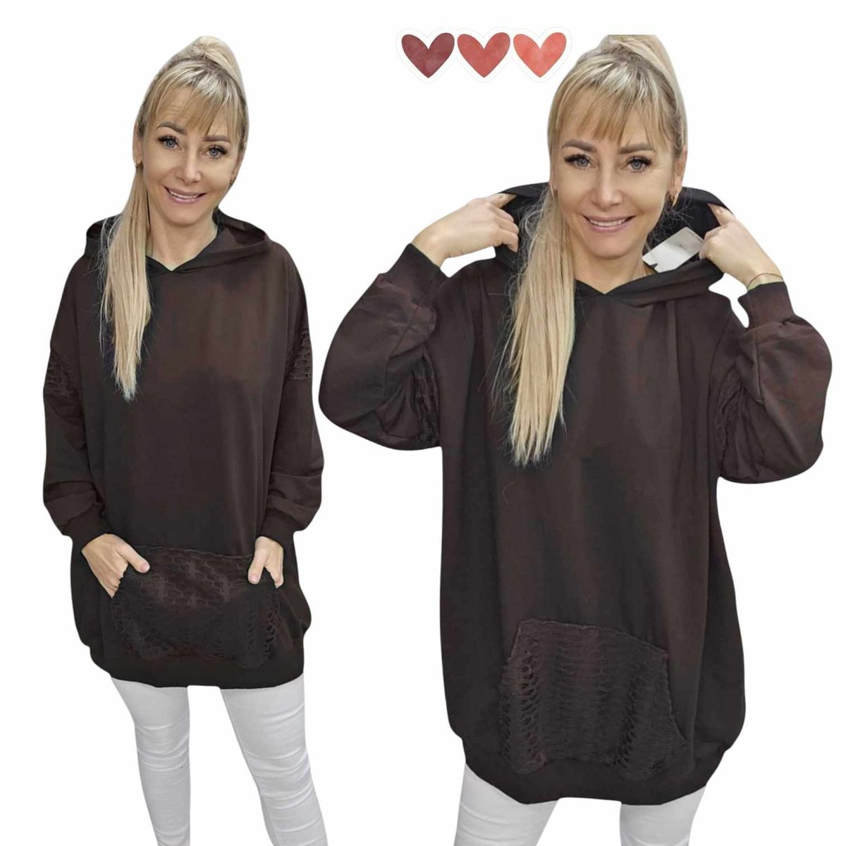 BLUZA DAMSKA KANGUREK DRESOWA kaptur na co dzień czekol 54 56 7XL 8XL 3167