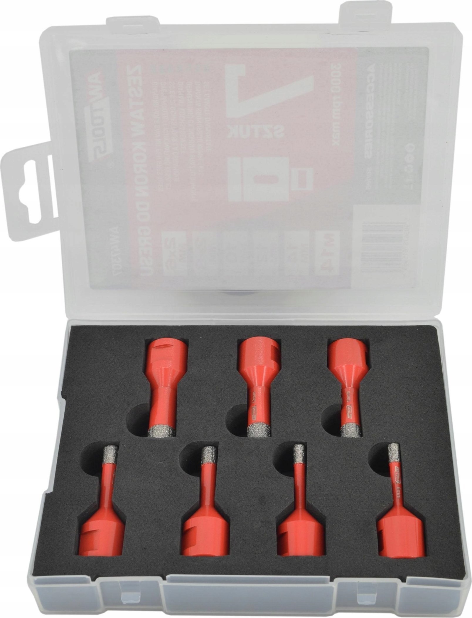 AWTools Wiertło ZESTAW KORON DO GRESU kpl.7szt. 2x6mm, 8, 10,12,14mm W KUFRZE DO PRACY NA SUCHO Z WOSKIEM