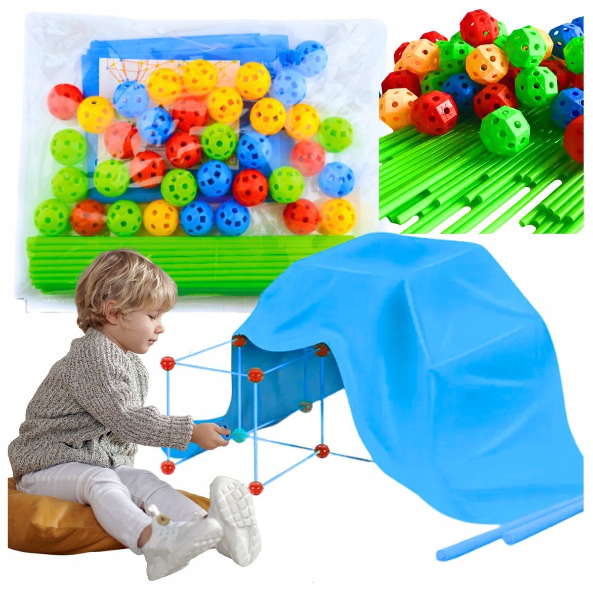 Zestaw Konstrukcyjny Budowa Namiotu Bazy Domku Słomki Rurki Kulki 88 el.