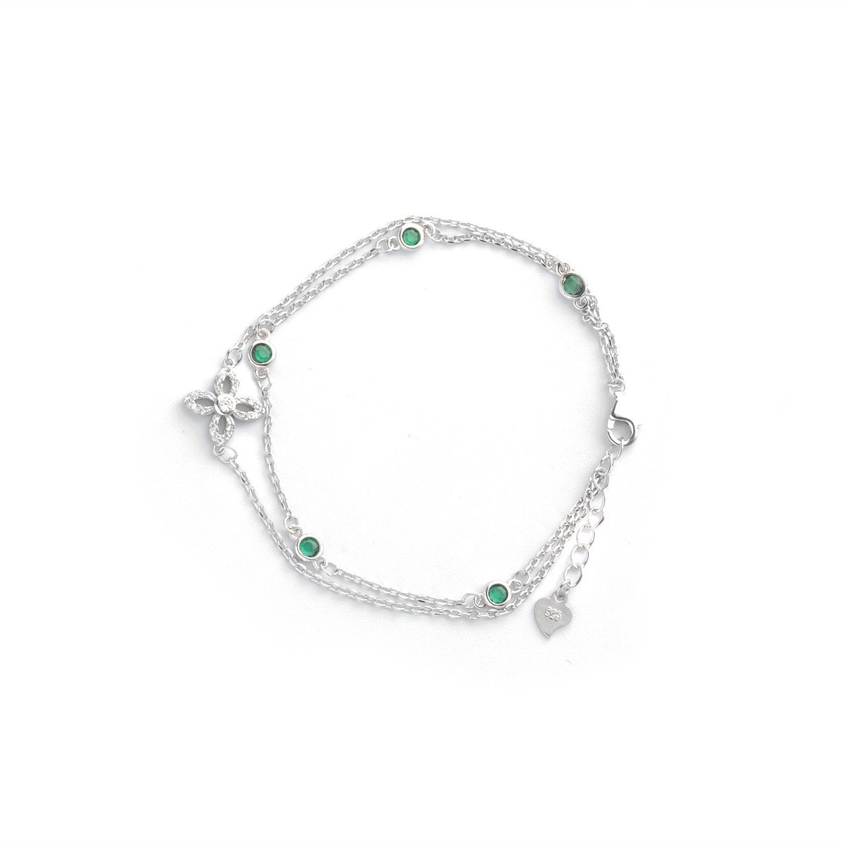 Srebrna Bransoletka 925 Kwiatek Zielone Cyrkonie
