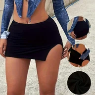 Spódnice - TEMU Damska spódnica Y2K Style z wysokim stanem i bocznym rozcięciem - rozciągliwa, jednokolorowa czarna, idealna na festiwale /letnie i codzienne - miniaturka - grafika 1
