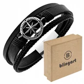 Bransolety męskie - Bransoletka męska SKÓRZANA czarna róża wiatrów ze stali 316L BLINGART - miniaturka - grafika 1