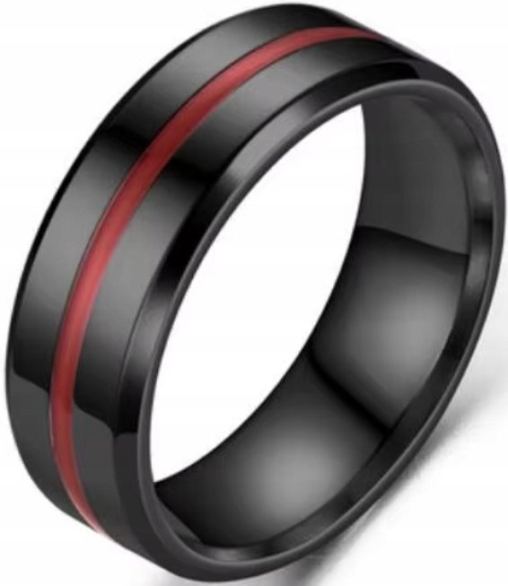 Czarny Pierścień z Czerwony Akcentem Obrączka Sygnet Stal Szlachetna