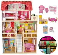 Domki dla lalek - DUŻY DREWNIANY DOMEK DLA LALEK BARBIE z Oświetleniem LED Meblami 90cm XXL - miniaturka - grafika 1