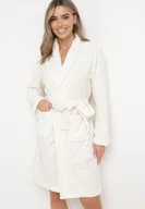 Szlafroki damskie - Biały Długi Szlafrok z Pluszowej Dzianiny Wiązany w Pasie Limanne - miniaturka - grafika 1