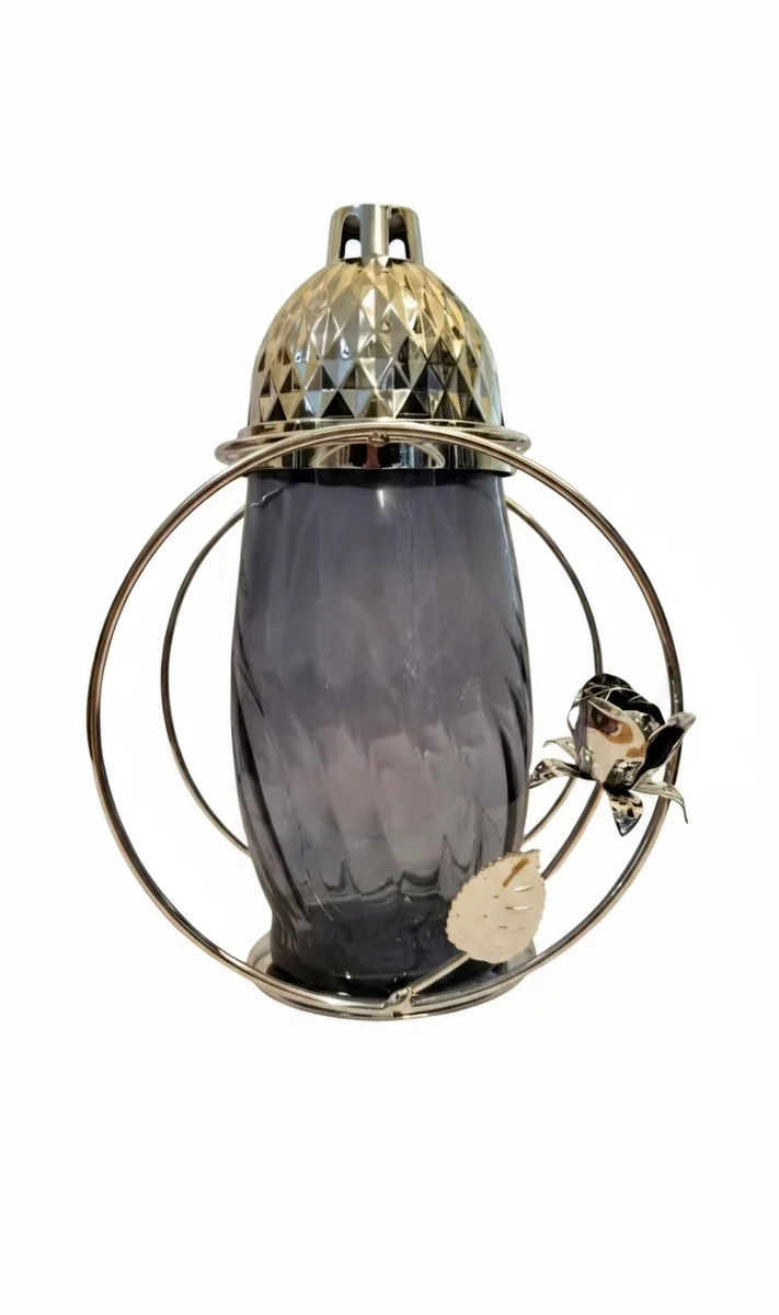 Elegancki Znicz Szklany Dymiony z Metalową Oprawą i Różą - 30 cm