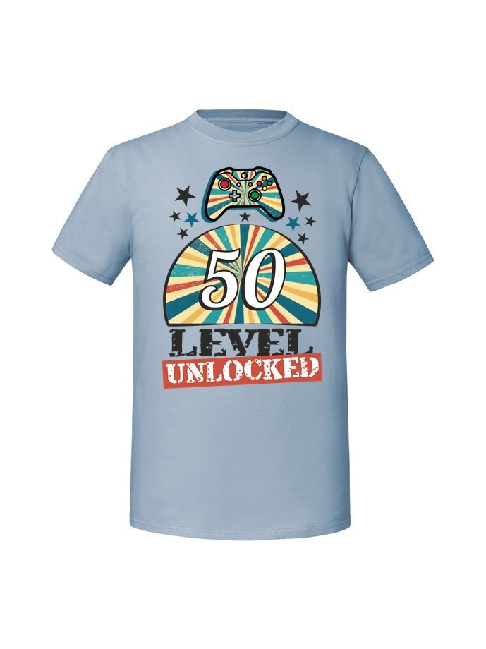 Męska koszulka z nadrukiem -50 Level Unlocked v2 Mineralny Błękit 3XL