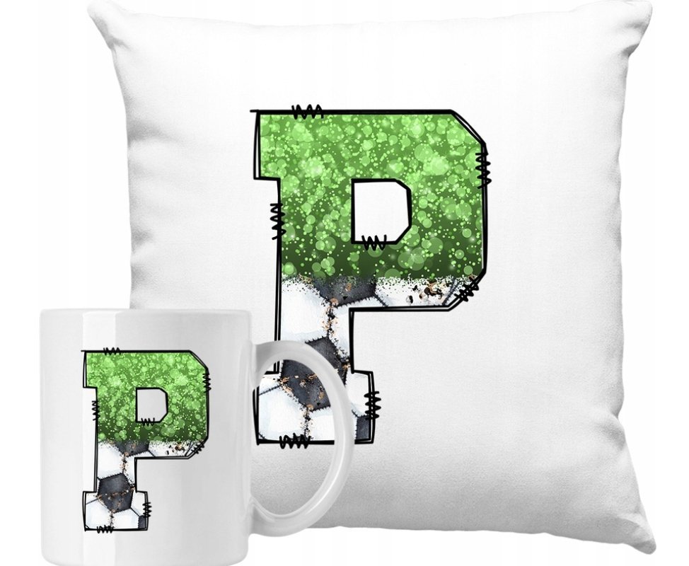 ZESTAW PODUSZKA + KUBEK Piłka Alfabet Litera P Pomysł Na Prezent