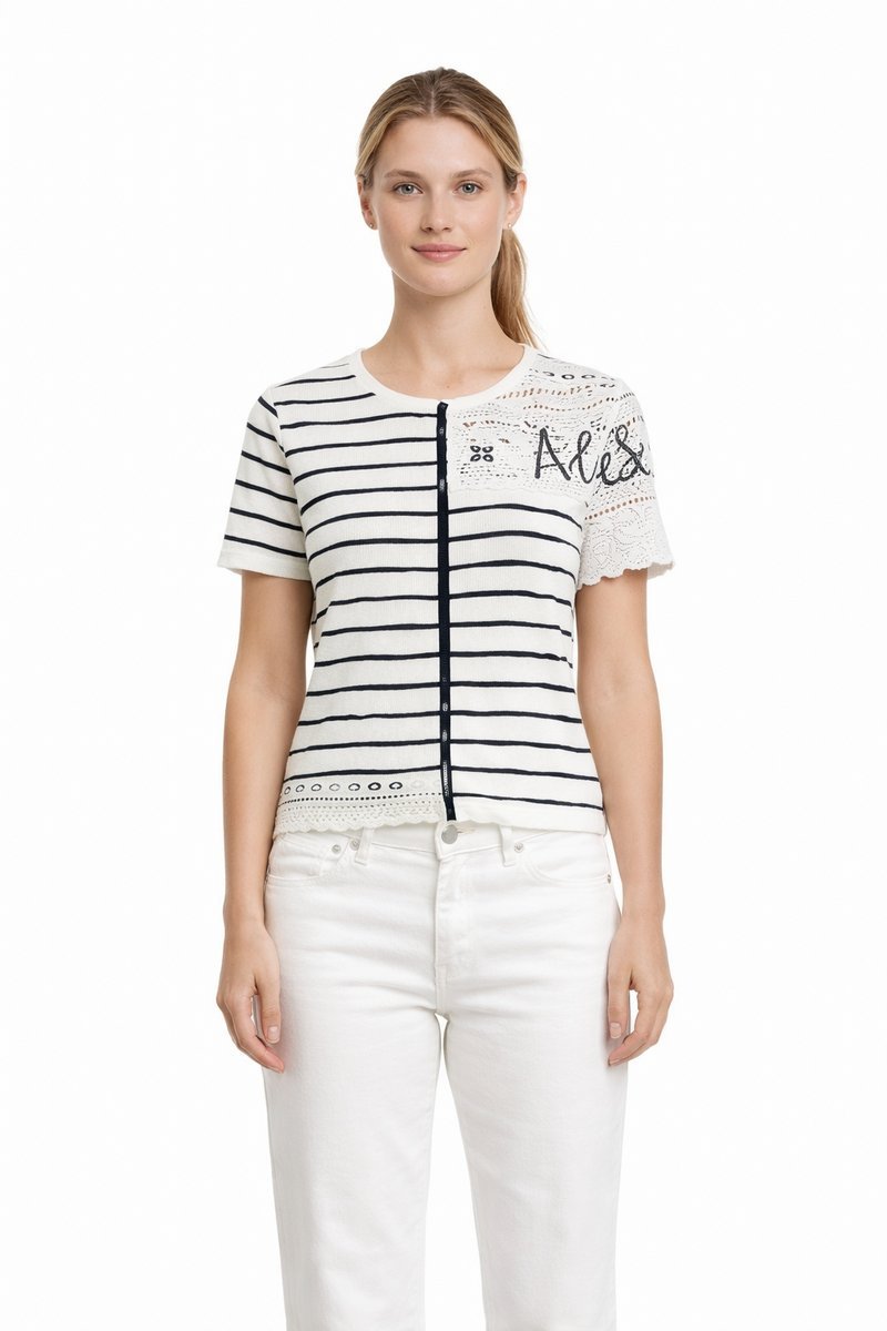 DESIGUAL T-SHIRT DAMSKI PASECZKI NAPISY FALBANY BIAŁY L I3A