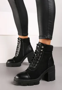Czarne Botki na Słupku i Platformie z Ozdobnym Wstawkami Ezisha - Botki damskie - miniaturka - grafika 1