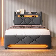 Meble do sypialni - Łóżko ze sztucznej skóry o wymiarach 90x200 cm z oświetleniem LED 360°, portami USB i typu C, wygodnym schowkiem hydraulicznym - miniaturka - grafika 1