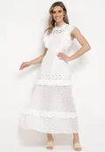 Sukienki - Biała Sukienka Maxi Rozkloszowana z Ażurowym Wzorem Saitha - miniaturka - grafika 1