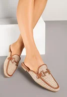 Klapki i japonki damskie - Brązowo-Beżowe Klapki Mule Zdobione Tweedem i Elegancką Aplikacją Sonelina - miniaturka - grafika 1