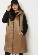 Kamizelki damskie - Ciemnobeżowa Kamizelka o Długim Prostym Kroju z Suwakiem Nikilaine - miniaturka - grafika 1