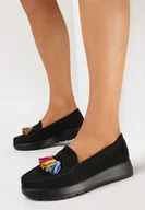 Półbuty damskie - Czarne Półbuty Mokasyny na Grubej Podeszwie z Frędzlami i Skórzaną Wkładką Redolla - miniaturka - grafika 1