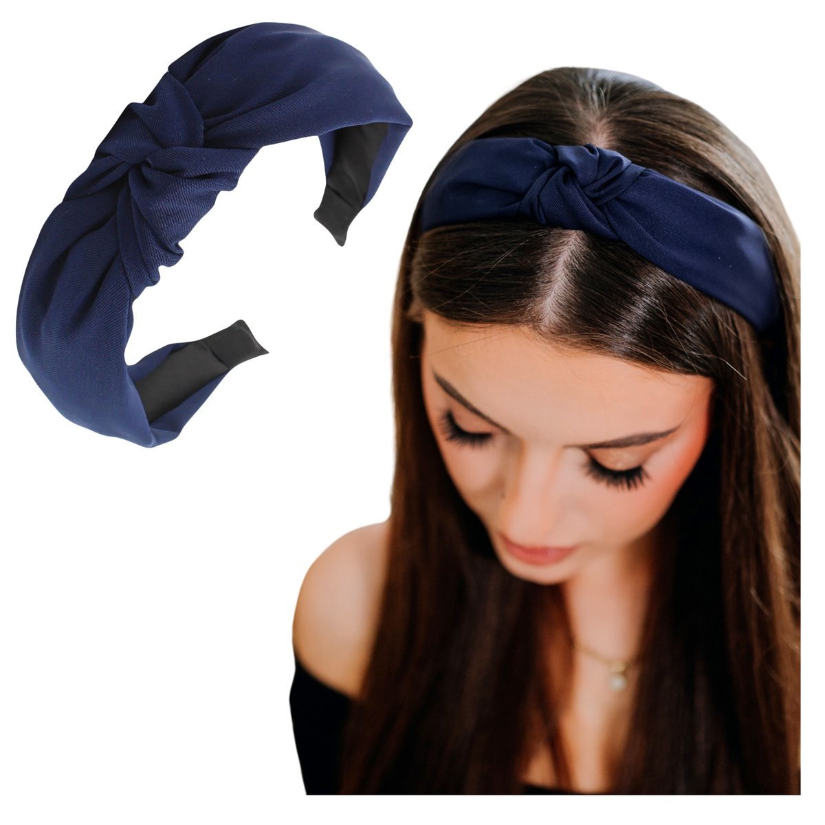 Opaska do Włosów Granatowa Szeroka na Głowę z Ozdobnym Supłem Lekka Wygodna