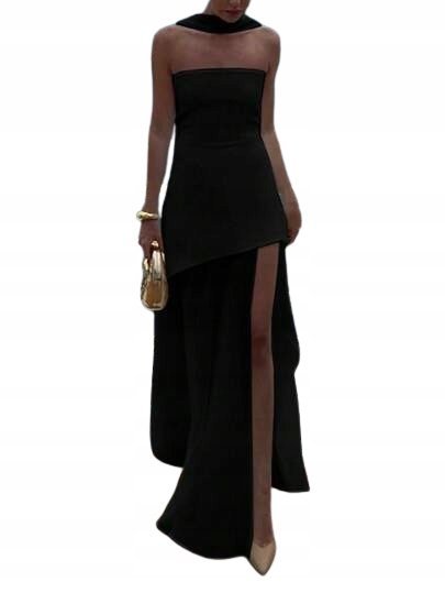 SHEIN CZARNA SUKIENKA MAXI Z ASYMETRYCZNYM DOŁEM I GOLFEM XS 1JA