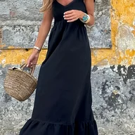 Sukienki - TEMU Elegancka Sukienka z Dekoltem w Serek i Długim Rękawem dla Kobiet - Jednokolorowa Czarna z Marszczeniami, Możliwość Prania w Pralce, - miniaturka - grafika 1