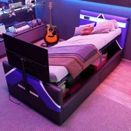 Łóżka dla dzieci i młodzieży - Łóżko dziecięce z pojemnikiem 90x200cm - styl e-sportowy - z oświetleniem LED - z wbudowanym uchwytem na telewizor - czarny + niebieski - miniaturka - grafika 1