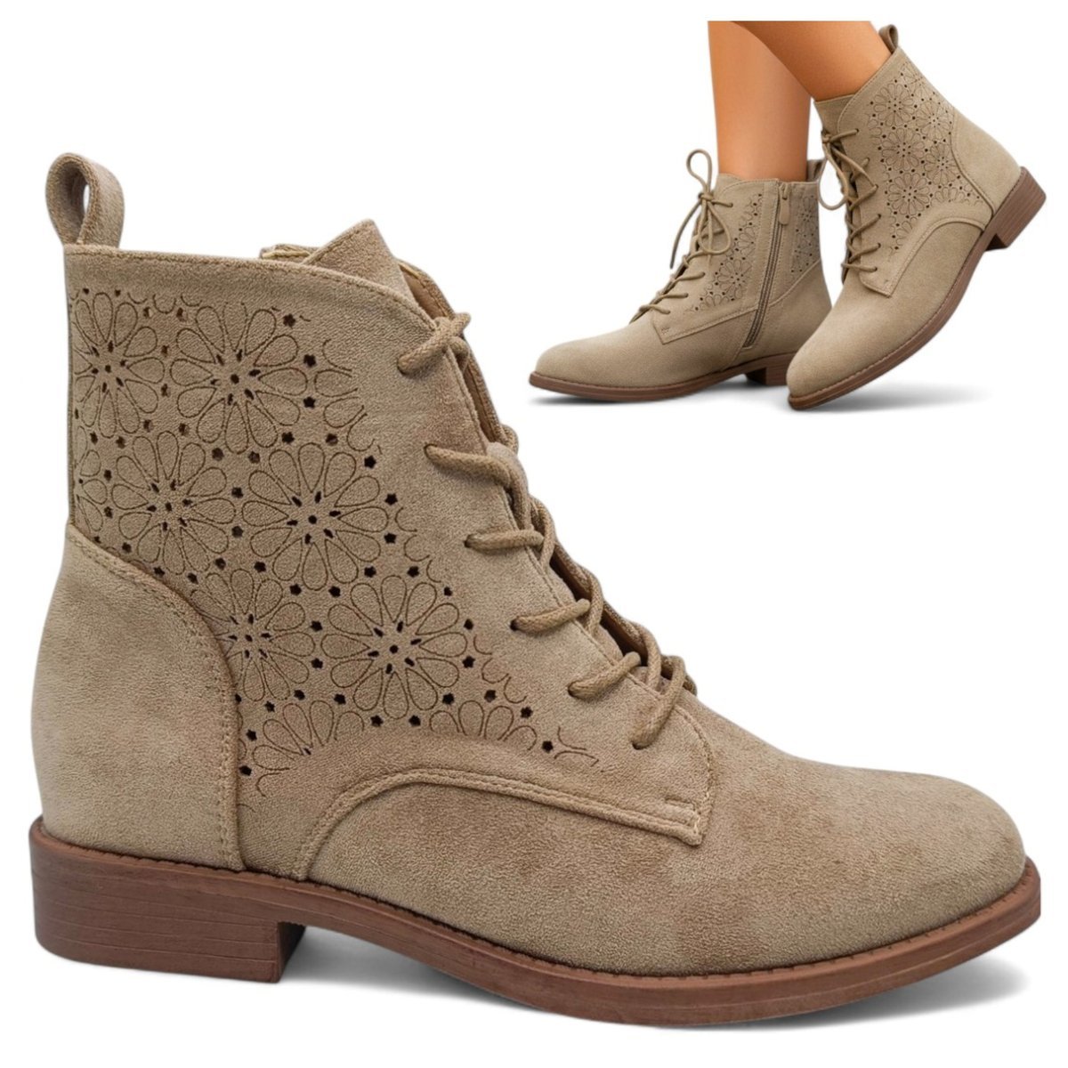 Damskie Kowbojki na Obcasie Botki Ażurowe Zamszowe Jesienne Beż Barski 40